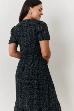 Polka Dot V Neck Puff Sleeve Midaxi Dress