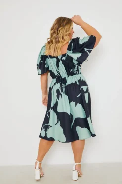 Printed Flutter Sleeve Ruched Bust Midi Dress