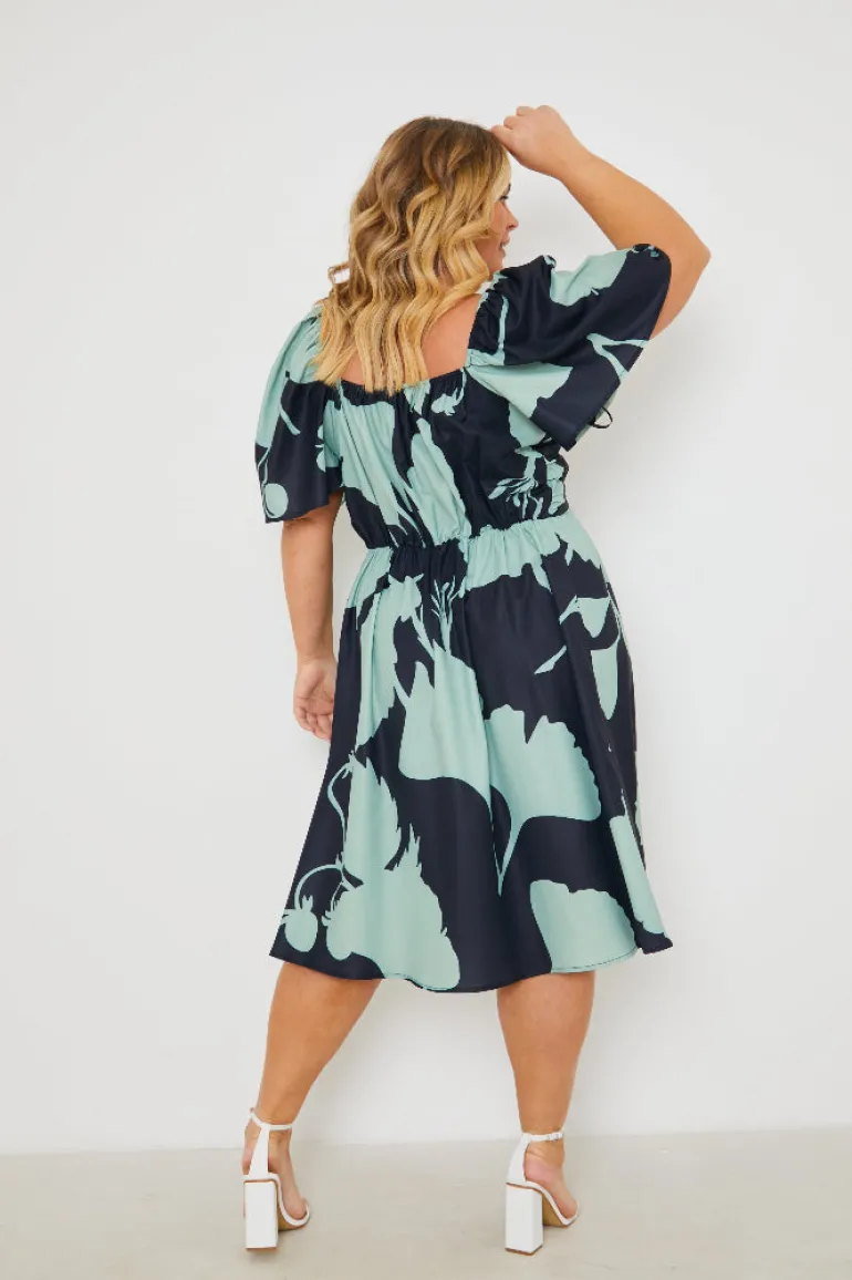 Printed Flutter Sleeve Ruched Bust Midi Dress