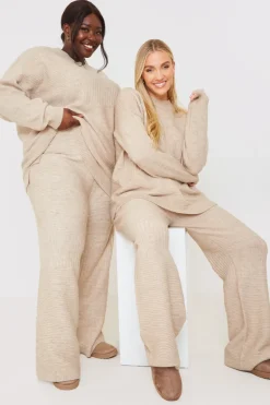 Recycled Contrast Knitted Ribbed Co Ord Wide Leg Trouser