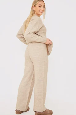 Recycled Contrast Knitted Ribbed Co Ord Wide Leg Trouser