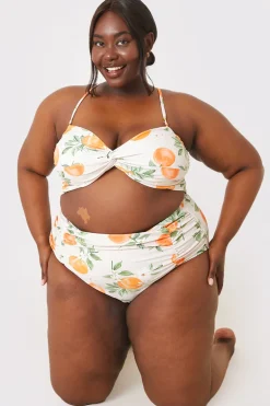 Recycled Control Orange Print Ruched Detail High Waisted Bikini Bottoms