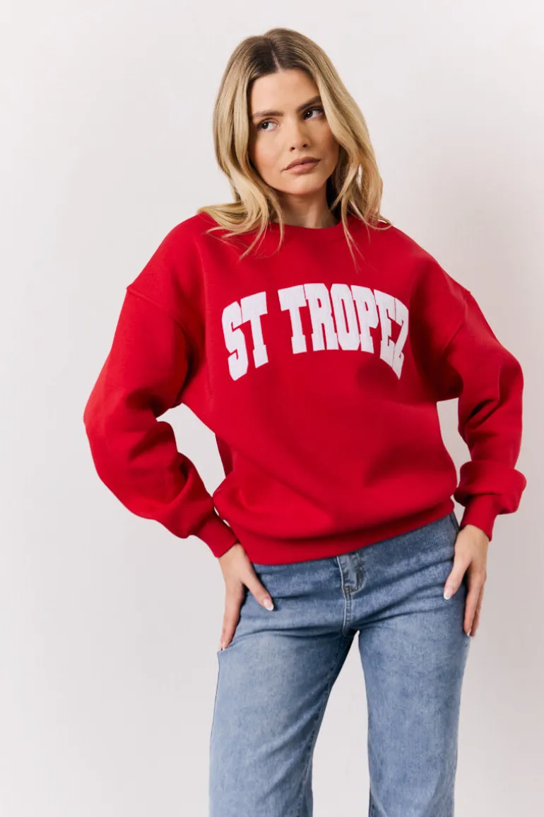 Red St Tropez Embroidered Slogan Sweatshirt