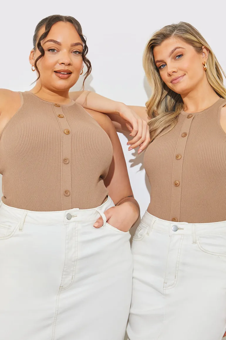 Rib Knit Button Detail Racer Neck Bodysuit