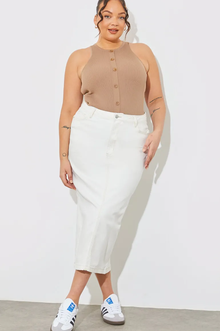 Rib Knit Button Detail Racer Neck Bodysuit