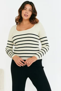 Rib Knit Stripe Scoop Neck Long Sleeve Top