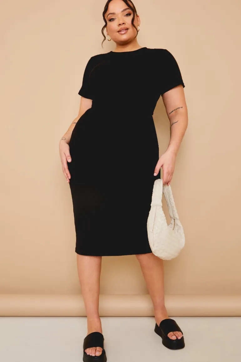 Ribbed Crew Neck Short Sleeve Midi Dress