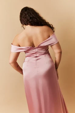 Rose Pink Satin Bardot Ruched Maxi Dress
