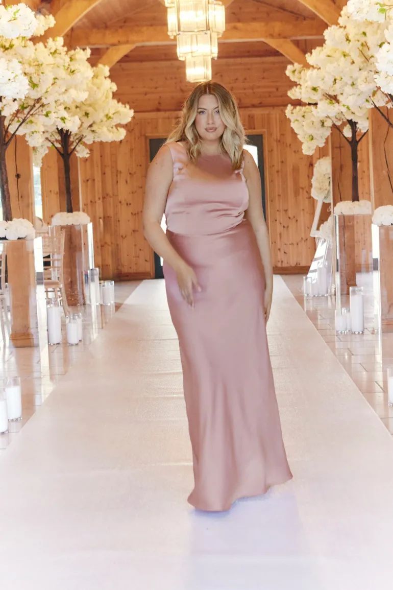 Rose Pink Satin Cowl Back Maxi Dress