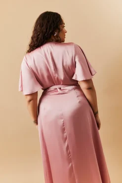 Rose Pink Satin Wrap Tie Angel Sleeve Maxi Dress