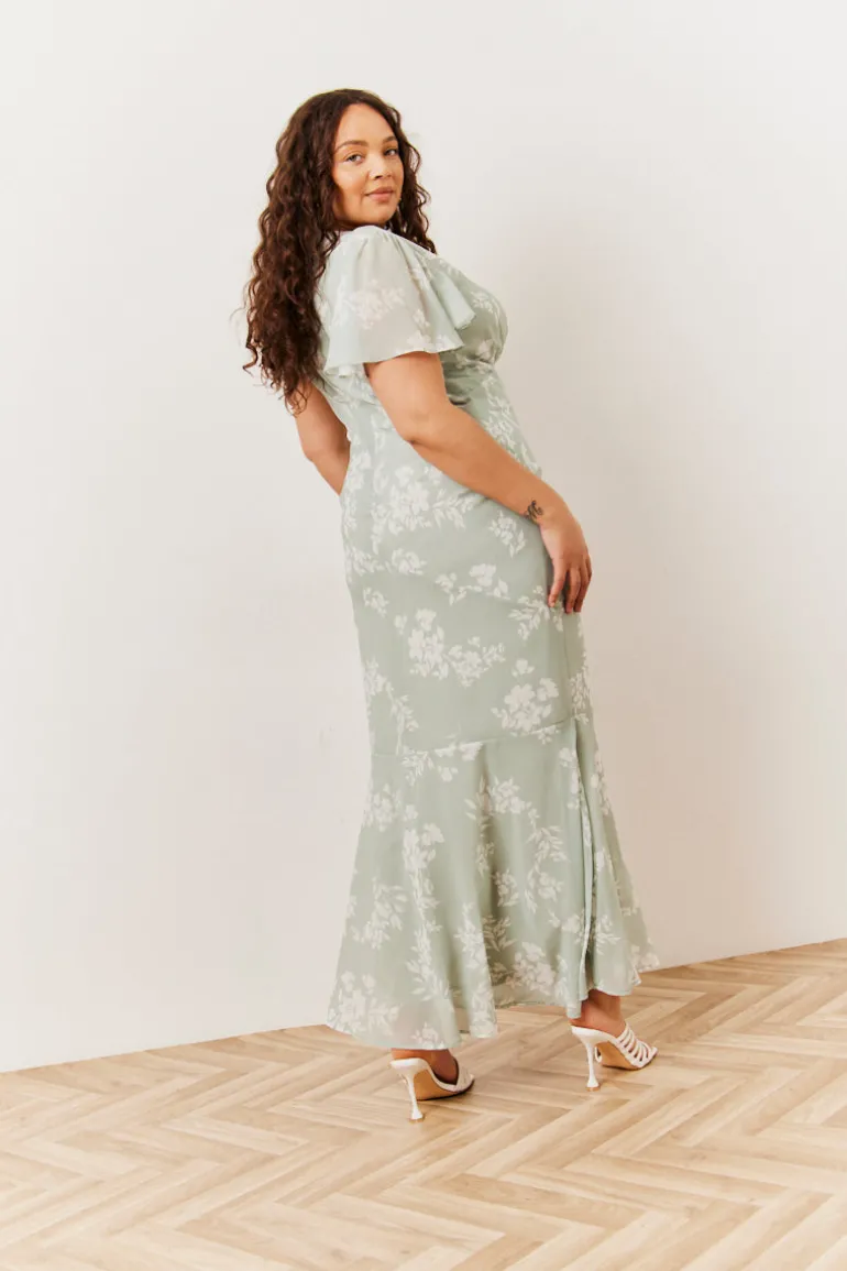 Sage Floral Print Chiffon Flutter Sleeve Maxi Dress