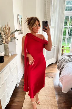 Satin Asymmetric Draped Neckline Midi Dress
