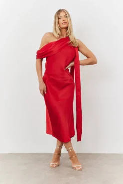 Satin Asymmetric Draped Neckline Midi Dress