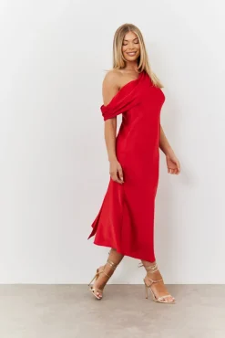 Satin Asymmetric Draped Neckline Midi Dress