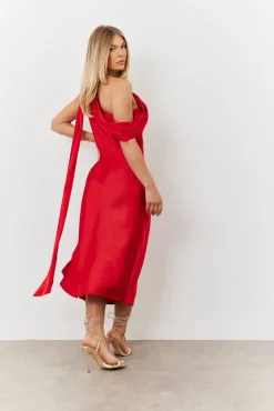 Satin Asymmetric Draped Neckline Midi Dress