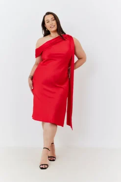 Satin Asymmetric Draped Neckline Midi Dress