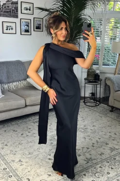 Satin Asymmetric Draped Neckline Maxi Dress