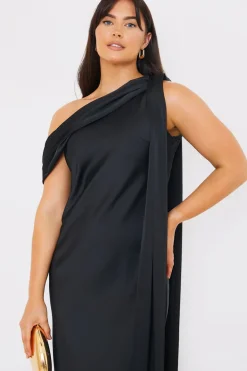 Satin Asymmetric Draped Neckline Maxi Dress