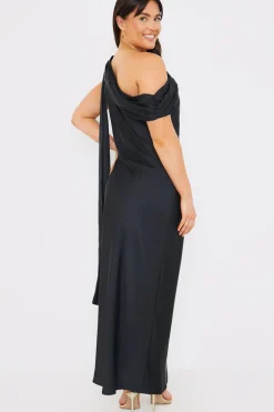 Satin Asymmetric Draped Neckline Maxi Dress