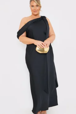 Satin Asymmetric Draped Neckline Maxi Dress