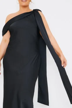 Satin Asymmetric Draped Neckline Maxi Dress