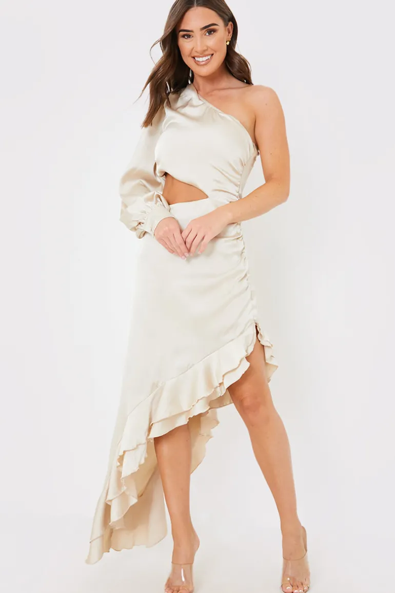 Satin Asymmetric Frill Maxi Dress