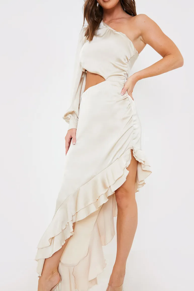 Satin Asymmetric Frill Maxi Dress
