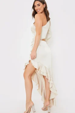 Satin Asymmetric Frill Maxi Dress