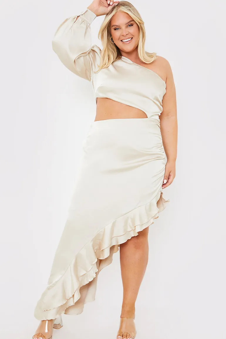 Satin Asymmetric Frill Maxi Dress
