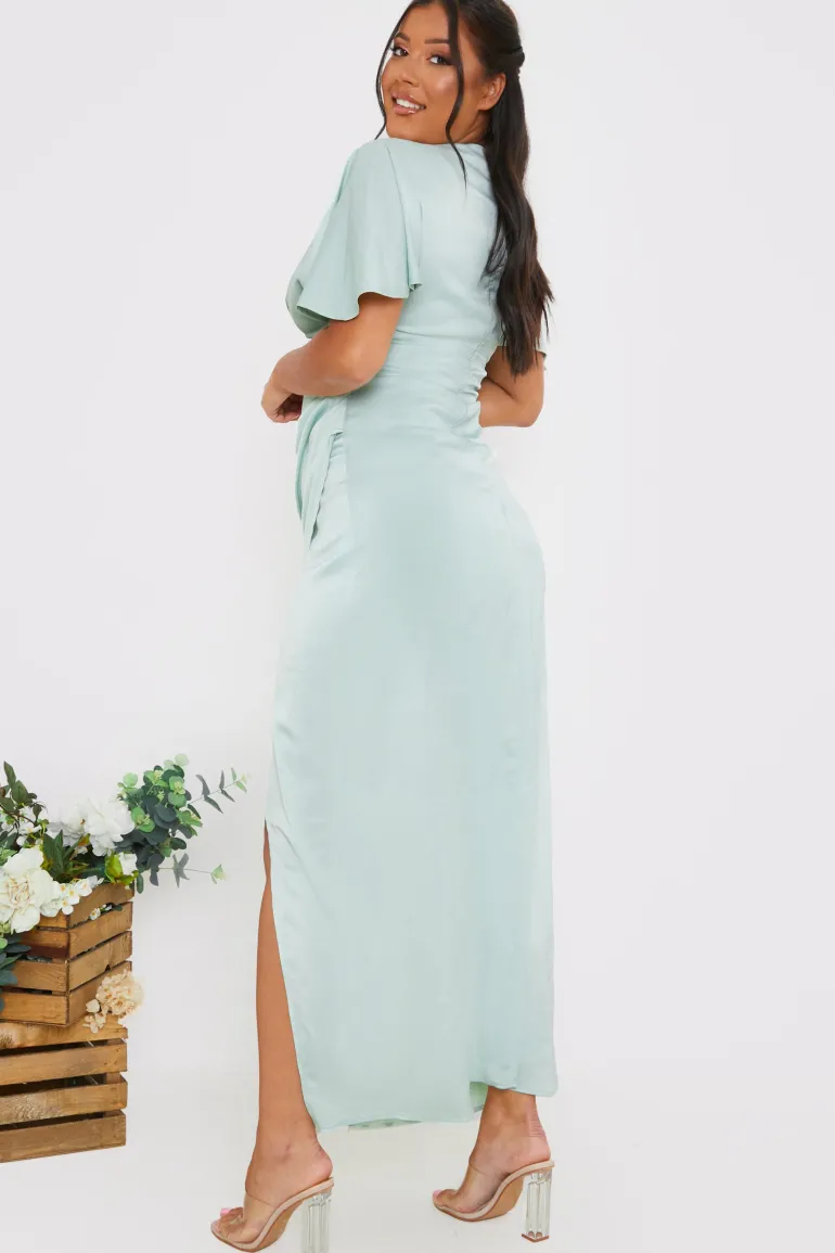 Satin Flutter Sleeve Ruched Detail Maxi Dress