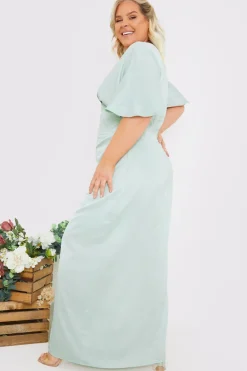 Satin Flutter Sleeve Ruched Detail Maxi Dress