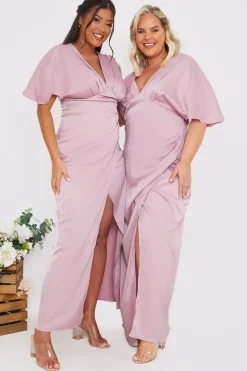 Satin Flutter Sleeve Ruched Detail Maxi Dress