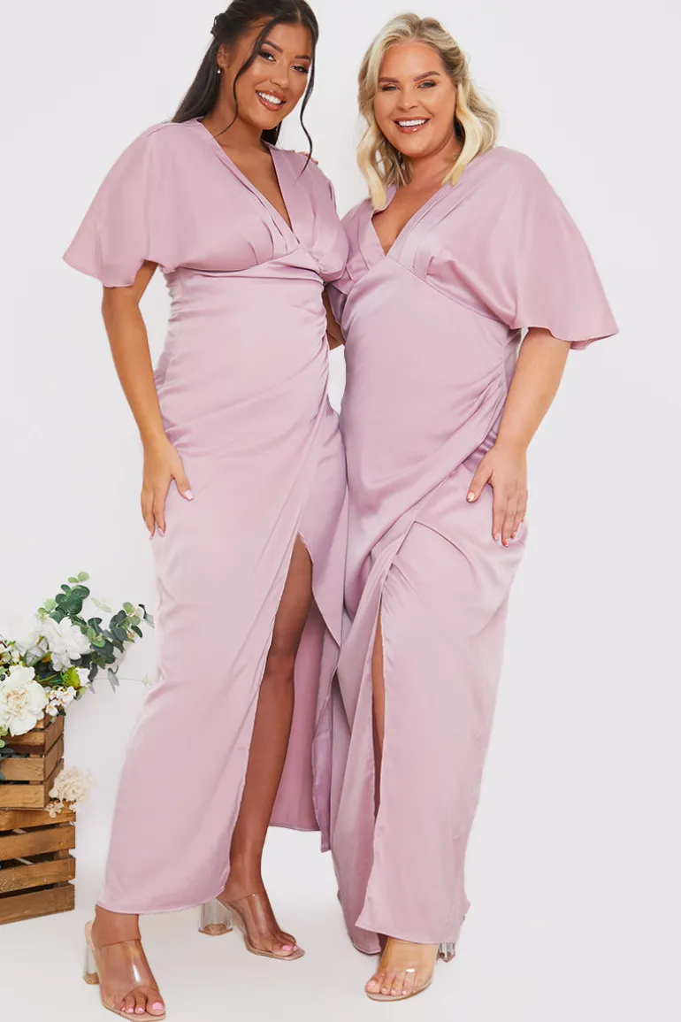 Satin Flutter Sleeve Ruched Detail Maxi Dress