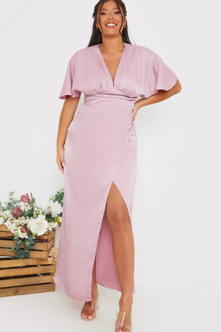 Satin Flutter Sleeve Ruched Detail Maxi Dress