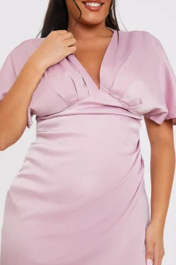 Satin Flutter Sleeve Ruched Detail Maxi Dress