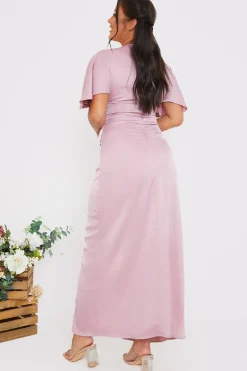 Satin Flutter Sleeve Ruched Detail Maxi Dress