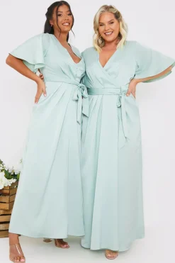 Satin Flutter Sleeve Tie Waist Wrap Dress