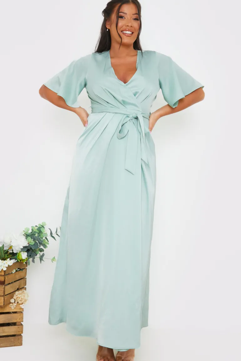 Satin Flutter Sleeve Tie Waist Wrap Dress