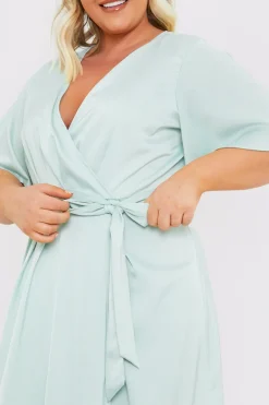 Satin Flutter Sleeve Tie Waist Wrap Dress