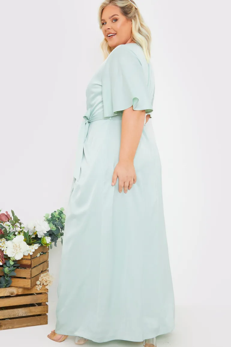 Satin Flutter Sleeve Tie Waist Wrap Dress
