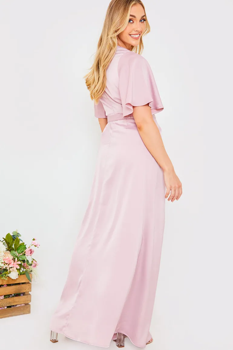 Satin Flutter Sleeve Tie Waist Wrap Dress