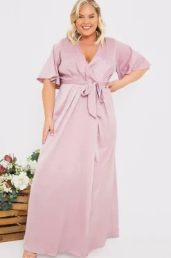 Satin Flutter Sleeve Tie Waist Wrap Dress