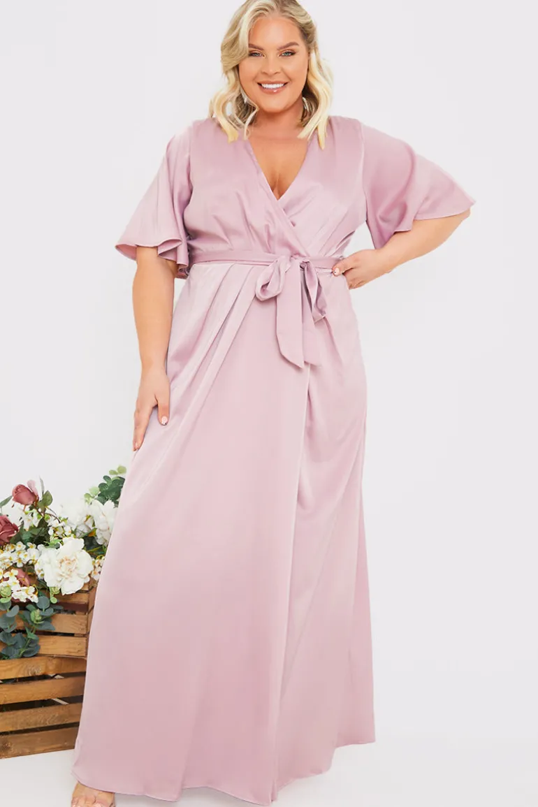 Satin Flutter Sleeve Tie Waist Wrap Dress