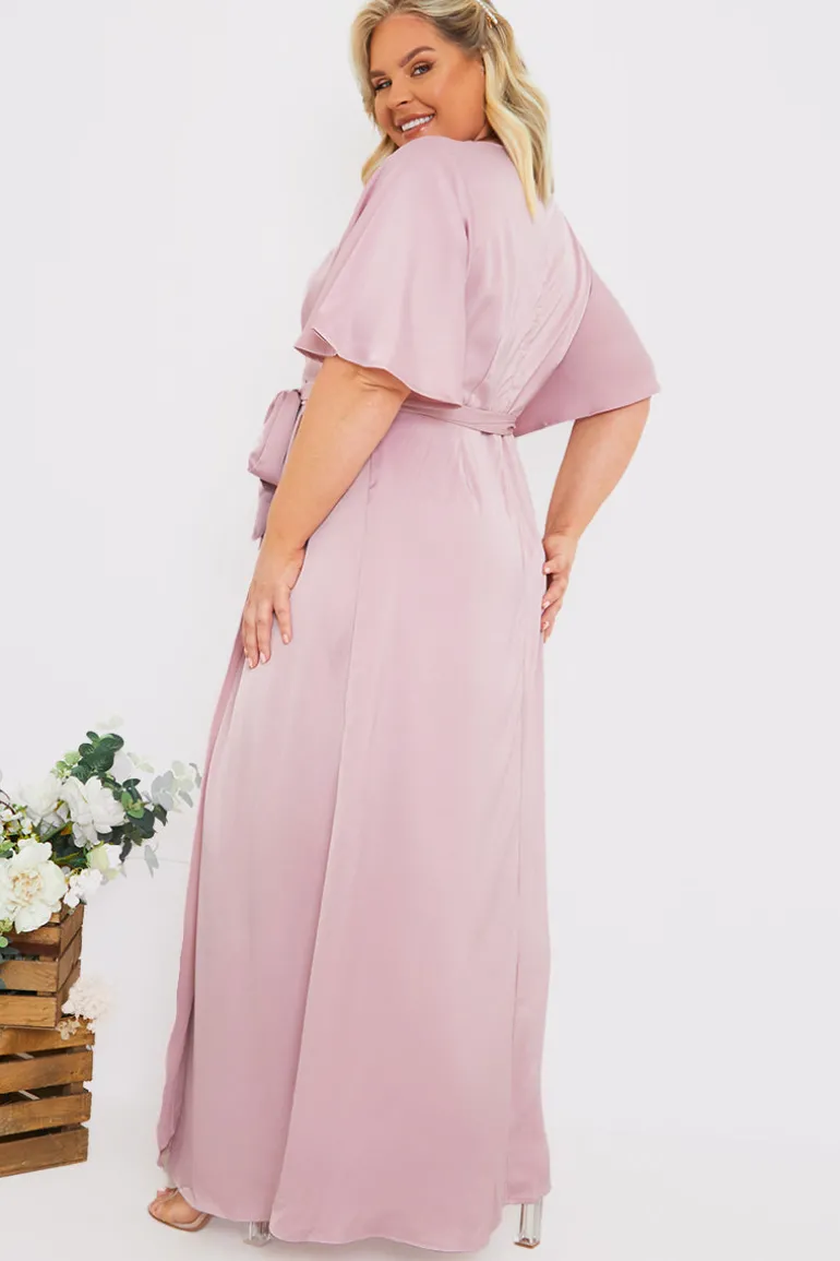 Satin Flutter Sleeve Tie Waist Wrap Dress