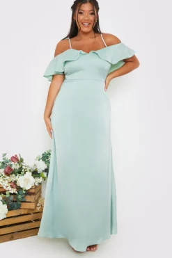Satin Frill Off The Shoulder Maxi Dress
