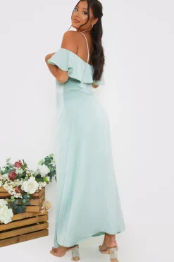 Satin Frill Off The Shoulder Maxi Dress