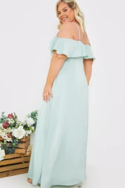 Satin Frill Off The Shoulder Maxi Dress