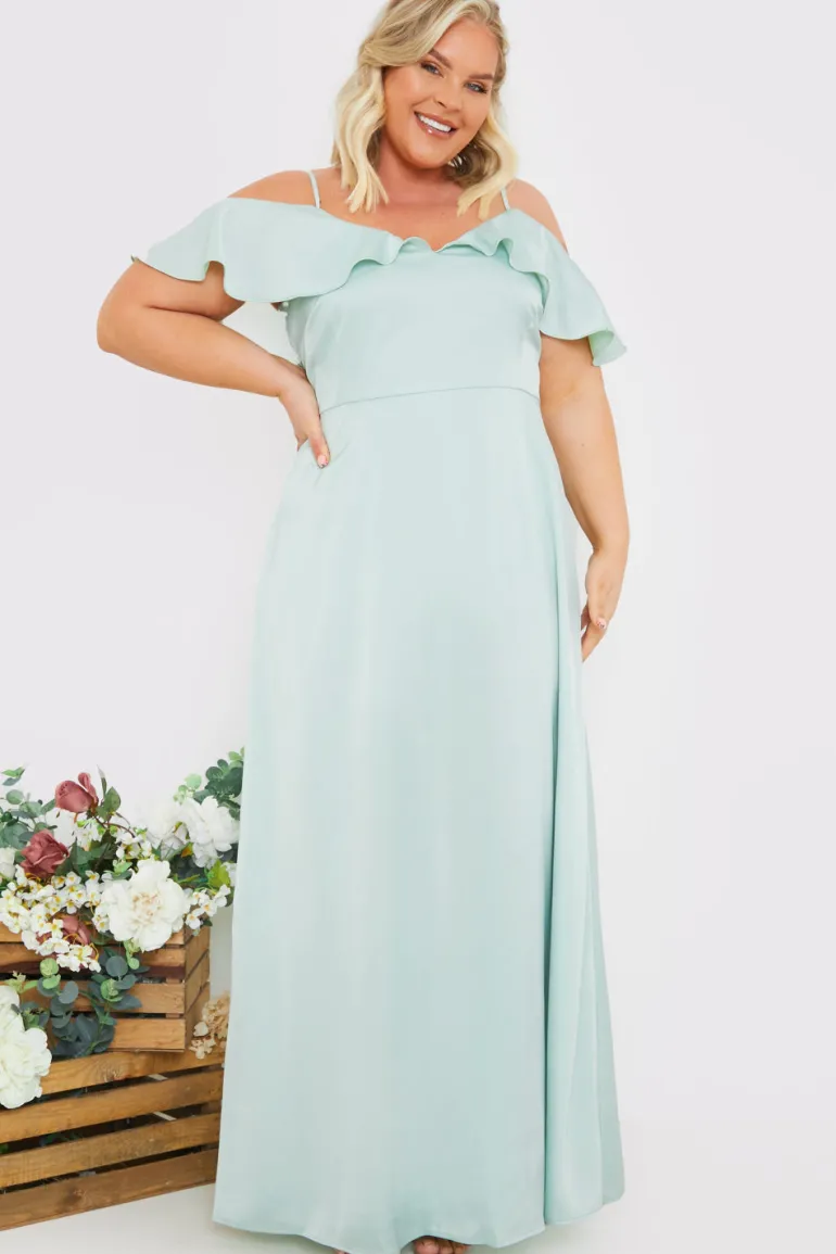 Satin Frill Off The Shoulder Maxi Dress