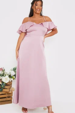 Satin Frill Off The Shoulder Maxi Dress