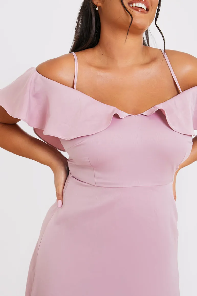 Satin Frill Off The Shoulder Maxi Dress